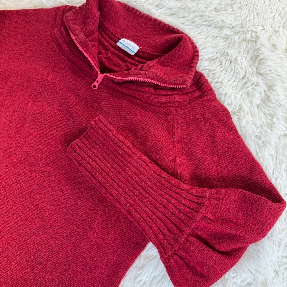 Columbia Red Wool Blend Quarter Zip Sweater Women's Large Cable Knit‎ Casual